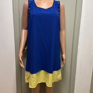 Blue Pepper Sleevless Medi Dress with copper embellishments around sleeved 2X